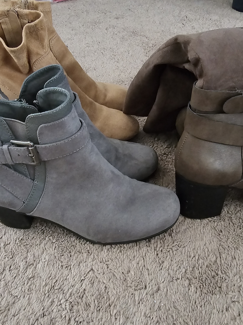 Women's Grey, Tan And Brown Suede Ankle Boots W/ Buckle Detail.